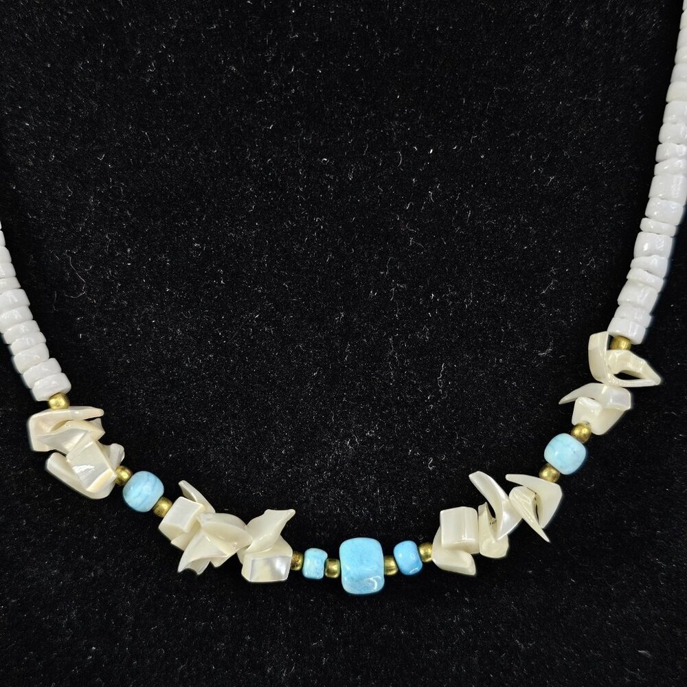 Vintage Puka Shell Necklace 16 Inches With Blue Stones